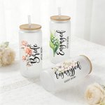 Personalized Birth Flower Text Date 20 oz Frosted Glass Cup with Straw and Lid Wedding Anniversary Engagement Gift for Bride Woman
