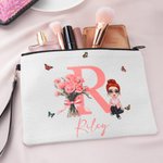 Personalized Birth Flower Bouquet Canvas Makeup Bag with Initial Name and Wristlet Birthday Anniversary Gift for Girl Women