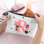 Personalized Birth Flower Bouquet Canvas Makeup Bag with Initial Name and Wristlet Birthday Anniversary Gift for Girl Women