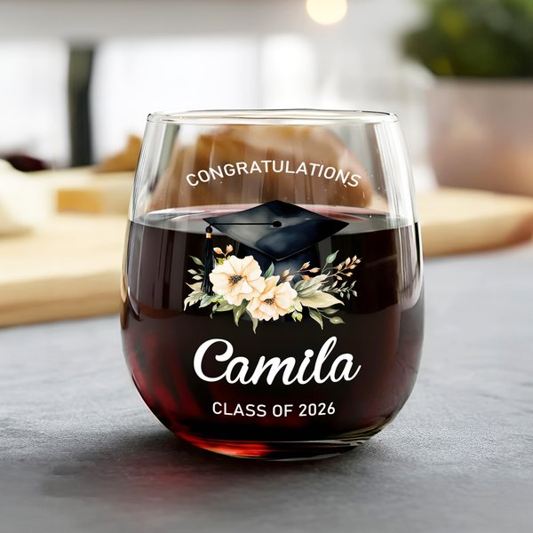 Personlig blomst Graduation Cap 15 oz Stemless vinglass med navn tekst år hjemme Bar Treat Graduation Party gave til nyutdannede