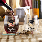 Personalized Flower Graduation Cap 15 oz Stemless Wine Glass with Name Text Year Home Bar Treat Graduation Party Gift for Graduates