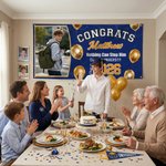 Personalized Congrats Photo Golden Balloon Graduation Banner with Name School Name and Year Party Decor Graduation Gift for Graduates