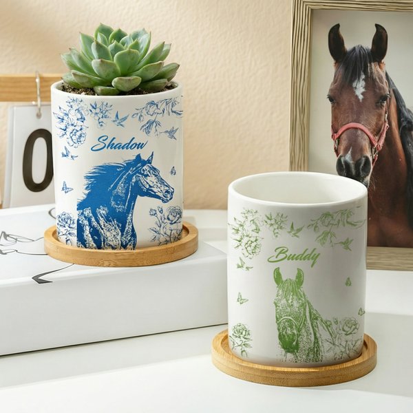 Maceta de cerámica personalizada con retrato de caballo, base de bambú y nombre Regalo de cumpleaños para propietario amante de los caballos