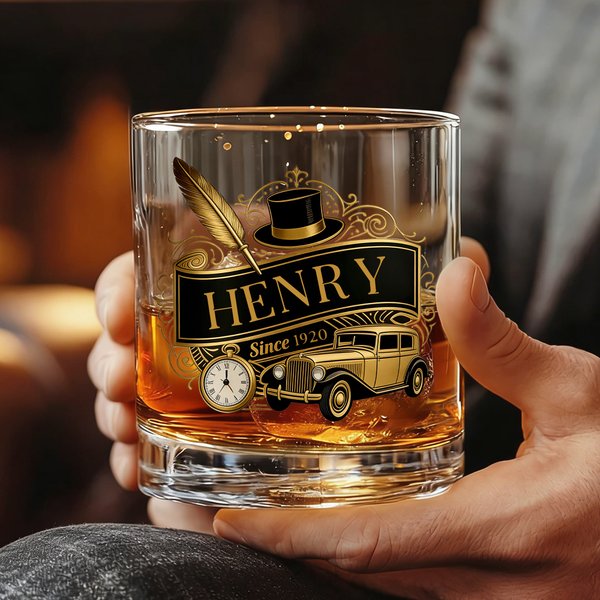 Personalised Retro Golden Age Style 10 oz Whiskey Glass with Name and Year Father's Day Birthday Gift for Men