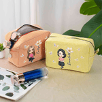 Personalized Multicolour Birth Flower Cartoon Character Striped Makeup Bag with Name Daily Travel Essential Birthday Mother's Day Gift for Women