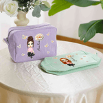 Personalized Multicolour Birth Flower Cartoon Character Striped Makeup Bag with Name Daily Travel Essential Birthday Mother's Day Gift for Women