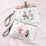 Personalized Birth Flower Bouquet Canvas Makeup Bag with Initial Name and Wristlet Birthday Anniversary Gift for Girl Women