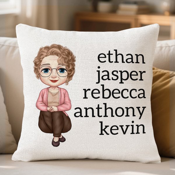 Personalised Cartoon Character Soft Cushion Cover with 1-13 Names Home Decor Mother's Day Birthday Gift for Mom Grandma