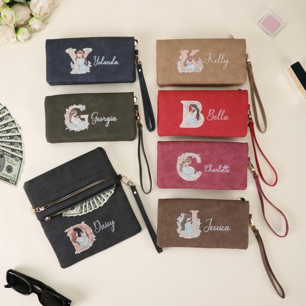 Cartone animato personalizzato Mamma e bambino che si abbracciano Portafoglio da polso in pelle PU con nome e iniziale da viaggio Regalo essenziale per la festa della mamma per uso quotidiano