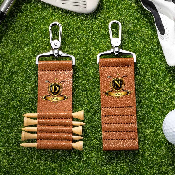 Personalized Golf Theme Name Initial Badge PU Leather Golf Tee Holder Bag Tag with 5 Pcs Bamboo Tees Birthday Gift for Golf Player