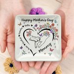 Personalized Paw Hands Flower Butterfly Heart Ceramic Trinket Jewelry Dish with 1-5 Names Mother's Day Birthday Gift for Mom Grandma