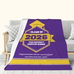 Personalized Multicolor Graduation Hat Soft Fleece Blanket with Year School Name and Warm Text Class of 2026 Gift for Graduate