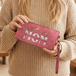 Personalized Vintage Floral PU Leather Folded Wristlet Wallet with Name and Zipper Birthday Mother's Day  Gift for Mom