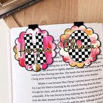 Personalised Pink-Gold Style Checkered Initial Magnetic Bookmark Clip with Name Book Club Birthday Gift for Reading Lovers Bookworms