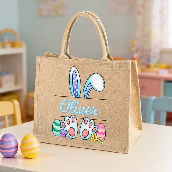 Sac en Toile de Jute Motif Lapin Sac Tote Personnalisé avec Nom Cadeau de Chasse aux Oeufs de Pâques pour Enfants