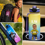 Personalized Cartoon Soccer Character Face Photo 32 oz Water Bottle with Name and Number Birthday Gift for Soccer Fans Lovers