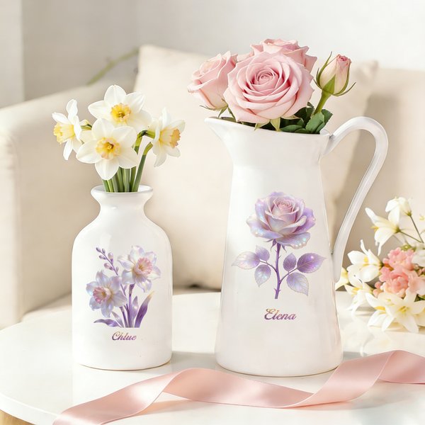 Personlig Glitter Födelseblomma Keramisk vas med namn Heminredning Födelsedag Mors dag Present till mamma mormor