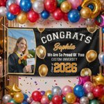 Personalized Congrats Photo Golden Balloon Graduation Banner with Name School Name and Year Party Decor Graduation Gift for Graduates