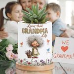 Spersonalizowana ceramiczna doniczka z imieniem i bambusową tacą z postacią babci z kreskówki Prezent na Dzień Matki dla mamy i babci