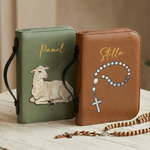 Personalised Multicolour Christian Pattern PU Leather Bible Book Cover with Name Zipper and Carry Handle Baptism Religious Holiday Gift for Christians