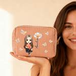 Personalized Multicolour Birth Flower Cartoon Character Striped Makeup Bag with Name Daily Travel Essential Birthday Mother's Day Gift for Women