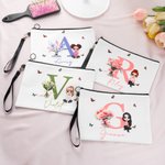 Personalized Birth Flower Bouquet Canvas Makeup Bag with Initial Name and Wristlet Birthday Anniversary Gift for Girl Women