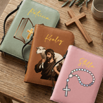 Personalised Multicolour Christian Pattern PU Leather Bible Book Cover with Name Zipper and Carry Handle Baptism Religious Holiday Gift for Christians