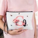 Personalized Birth Flower Bouquet Canvas Makeup Bag with Initial Name and Wristlet Birthday Anniversary Gift for Girl Women