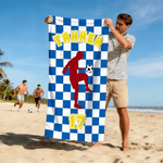 Personalized Plaid Soccer Silhouette Quick-Dry Oversized Sport Beach Towel with Name and Number Beach Pool Party Birthday Gift for Football Lover