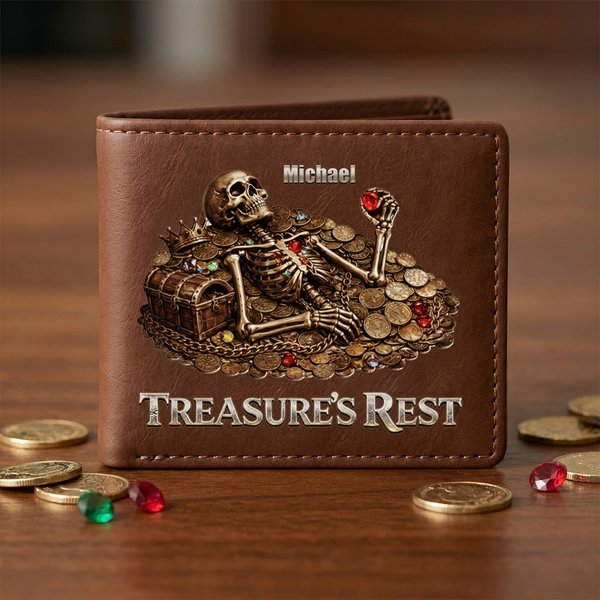 Personalised Treasure's Rest Skeleton Portable PU Leather Wallet with Name Anniversary Birthday Father's Day Gift for Men