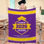 Personalized Multicolor Graduation Hat Soft Fleece Blanket with Year School Name and Warm Text Class of 2026 Gift for Graduate