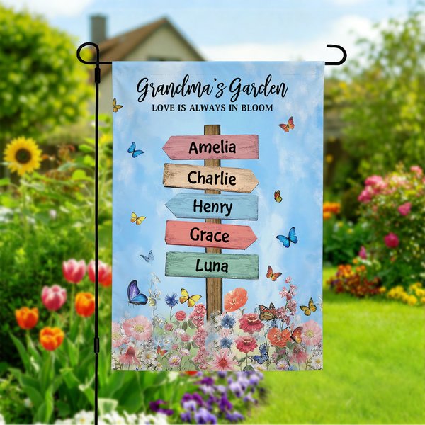 Personalized Floral Butterfly Garden Flag with Name and Text Outdoor Yard Porch Decor Birthday Mother's Day Spring Gift for Family Grandma Mom