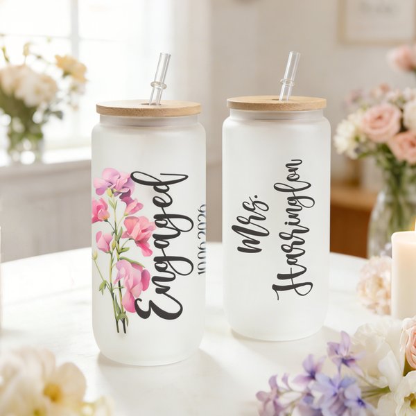 Personalized Birth Flower Text Date 20 oz Frosted Glass Cup with Straw and Lid Wedding Anniversary Engagement Gift for Bride Woman