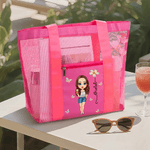 Personalisierte Strandtasche mit Cartoon-Figur und Geburtsblume | mit Namen | Mesh Bag | Sommerurlaub Geburtstag Geschenk für Frauen Freunde
