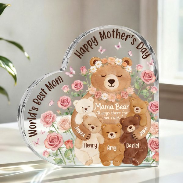 Gepersonaliseerde Beer Familie Roos Hartvormige Acryl Plaquette met Namen Home Decor Moederdag Cadeau voor Mama Oma