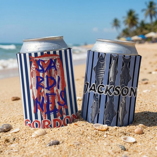 Personalised Sardine Mackerel Flounder Striped Insulated Beer Can Cooler Sleeve with Name Beach Party Birthday Gift for Fishing Enthusiasts