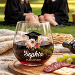 Personalized Flower Graduation Cap 15 oz Stemless Wine Glass with Name Text Year Home Bar Treat Graduation Party Gift for Graduates