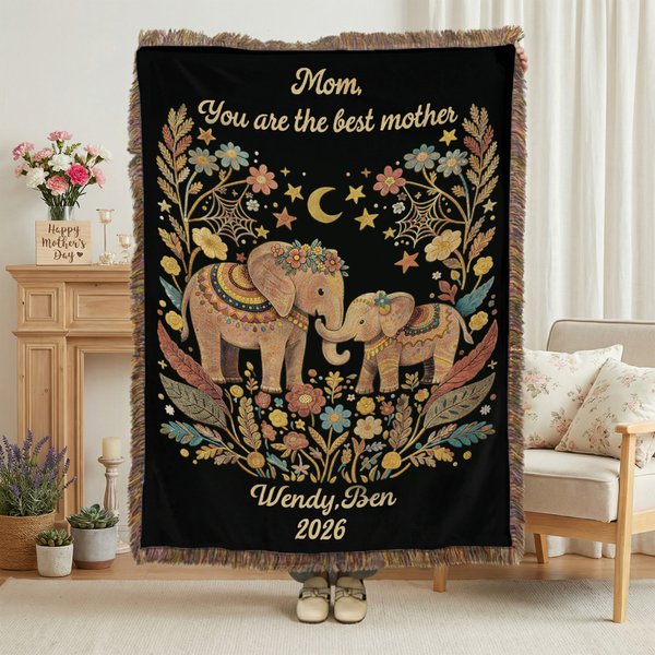 Personalised Bohemian Style Elephant Tassel Blanket with Name Title Year Date Birthday Mother's Day Gift for Mom Grandma