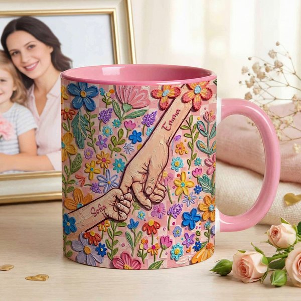 Personalized Colorful Oil Painting Style Hands in Hands 11/15 oz Ceramic Mug with Name Daily Use Mother's Day Birthday Gift for Mother Grandmother