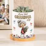 Spersonalizowana ceramiczna doniczka z imieniem i bambusową tacą z postacią babci z kreskówki Prezent na Dzień Matki dla mamy i babci