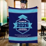 Personalized Multicolor Graduation Hat Soft Fleece Blanket with Year School Name and Warm Text Class of 2026 Gift for Graduate