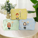 Personalized Multicolour Birth Flower Cartoon Character Striped Makeup Bag with Name Daily Travel Essential Birthday Mother's Day Gift for Women