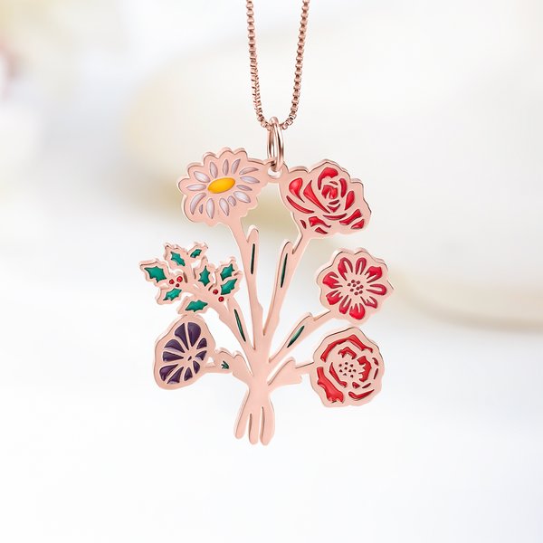 Personalizado 1-7 Esmalte Nacimiento Flor Ramo Familia Colgante Collar Cumpleaños Día de la Madre Regalo para Mamá Abuela