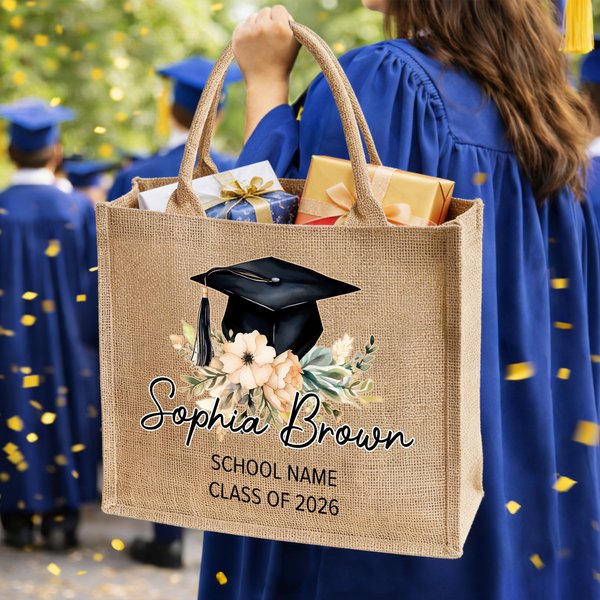 Gorro de graduación floral personalizado Bolsa de yute de gran capacidad con nombre y texto Regalo de graduación de uso diario para mujeres graduadas