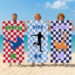 Personalized Plaid Soccer Silhouette Quick-Dry Oversized Sport Beach Towel with Name and Number Beach Pool Party Birthday Gift for Football Lover