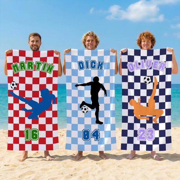 Serviette de plage à carreaux personnalisée avec nom et numéro Cadeau d'anniversaire pour les amoureux du football