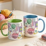 Personalisierte 3D-Optik Keramiktasse mit Handarbeitsmotiv | mit Namen | Untersetzer wählbar | Geburtstag Muttertag Geschenk für Häkel- und Strickfans