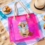 Spersonalizowana przezroczysta przezroczysta torba na plażę Sunny Beach Style Cute Cartoon Girl Holographic Tote Bag with Name Summer Vacation Holiday Birthday Gift for Women Girls