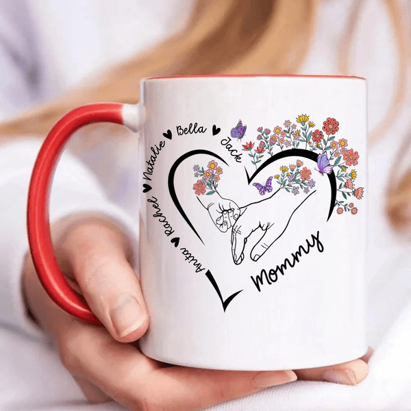 Personalized Heart Birth Flower Pet Pattern 11 oz 15 oz Ceramic Coffee Mug with 2-6 Names and Coaster Mother's Day Birthday Gift for Mom Grandma