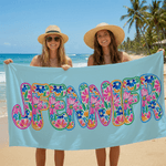 Toalla de playa personalizada con letras florales de gran tamaño y secado rápido con nombre Actividades al aire libre Fiesta en la playa Regalo de cumpleaños para mujeres Familia